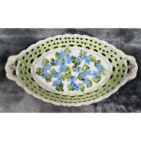 W Other - Antique Hand-Painted Porcelain Reticulated Serving Tray With Blue Floral Design